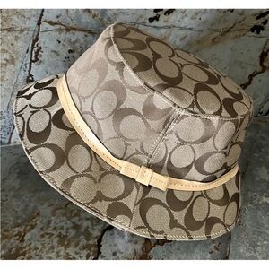 Coach Bucket Hat signature Fabric logo Brown & Tan leather trim band One size